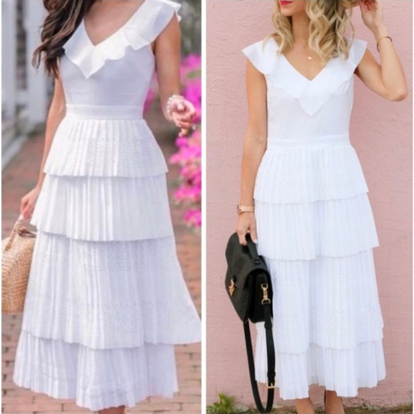 Banana Republic Dresses & Skirts - Banana Republic White Laser Cut Ruffle Tier Midi Dress Women's 2